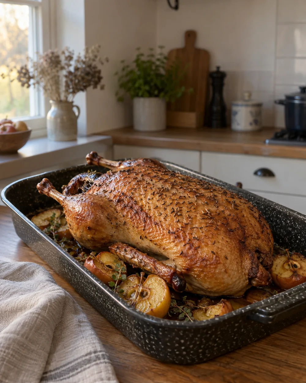 Celá pečená husa se zlatavou kůží v pekáči na kuchyňské lince