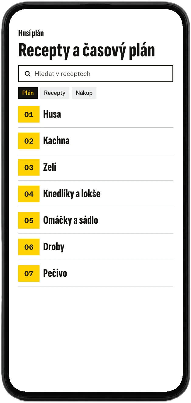 Aplikace s kapitolami Husa, Kachna, Zelí, Knedlíky a lokše, Omáčky a sádlo, Droby a Pečivo