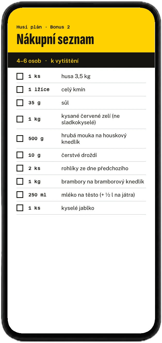 Nákupní seznam z bonusu, zobrazený v mobilu
